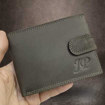 Pánská šedá kožená peněženka Tiger Leather s monogramem (ražba)