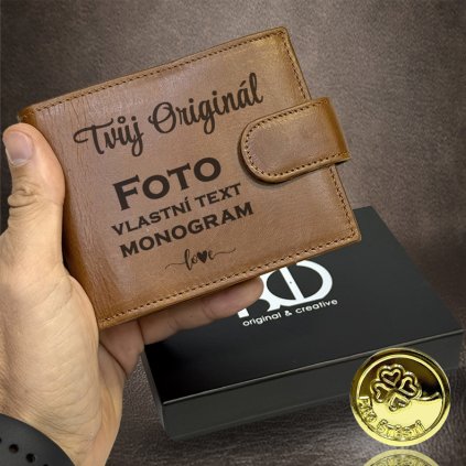 Pánská hnědá kožená peněženka PERSONIQ BeLeather RFID s gravírováním textu, monogramu, fotky + Akce - zlatá mince Pro štěstí ZDARMA