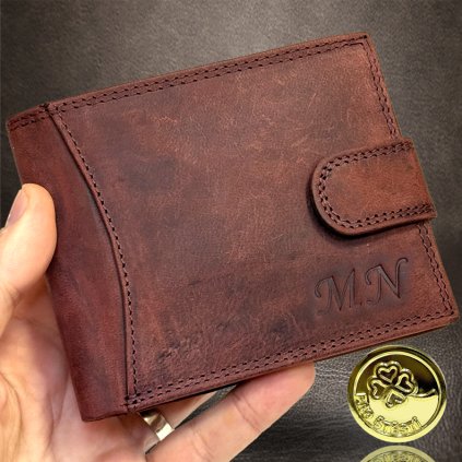 Pánská BORDO kožená peněženka Guru Leather s monogramem (ražba) + Akce - zlatá mince Pro štěstí ZDARMA