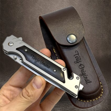 Moderní kovový vyklápěcí nůž s možností  koženého pouzdra s vlastním textem  + prémiové dárkové balení BE Original