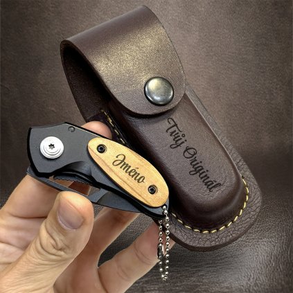 Malý dřevěný nožík na houby s vlastním textem a koženým pouzdrem  + prémiové dárkové balení BE Original