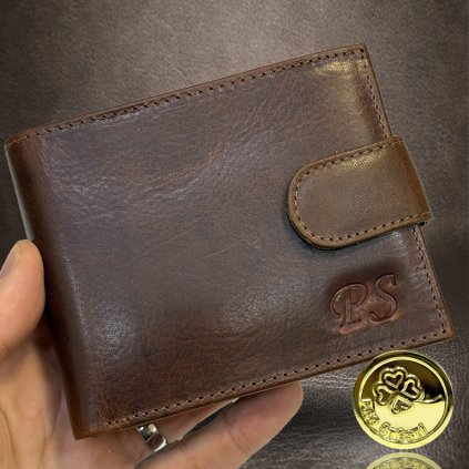 Pánská tmavě hnědá kožená peněženka PERSONIQ Be Leather RFID s monogramem (ražba)  + Akce - zlatá mince Pro štěstí ZDARMA
