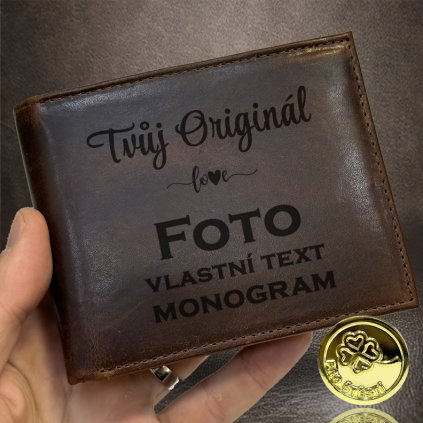 Luxusní tmavě hnědá kožená peněženka PERSONIQ BeLeather RFID s gravírováním textu,  monogramu, fotky  + Akce - zlatá mince Pro štěstí ZDARMA