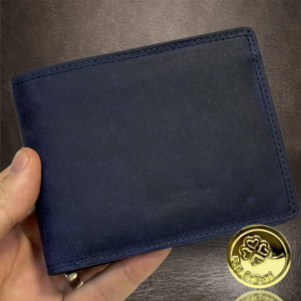 Modrá SLIM kožená peněženka BEORIGINAL Leather s monogramem (ražba)  + Akce - zlatá mince Pro štěstí ZDARMA