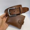 Pánský luxusní kožený set ROYAL LEATHER hnědá kožená peněženka a pásek s monogramem (ražba)