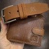 Pánský kožený set EXCLUSIVE RFID Premium Leather hnědý kožená peněženka a kožený pásek s monogramem (ražba)