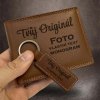 Pánský hnědý kožený set peněženky a klíčenky s vlastním monogramem, textem, fotkou
