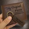 Pánský tmavě hnědý kožený set peněženky a klíčenky s vlastním monogramem, textem, fotkou