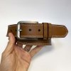 Pánský prošitý hnědý kožený pásek DOUBLE HUNTERS Leather s monogramem (ražba) lze zkrátit