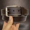Pánský prošitý tmavě hnědý kožený pásek DOUBLE HUNTERS Leather s monogramem (ražba) lze zkrátit