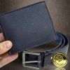 Pánský modrý kožený set BEORIGINAL Leather kožená peněženka a kožený pásek s monogramem (ražba)