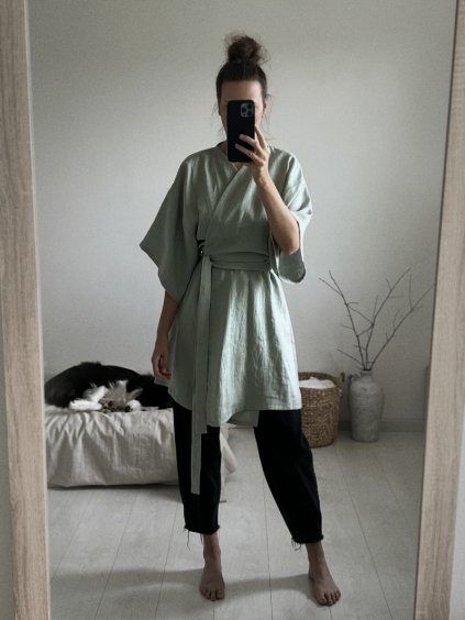 Ľanové midi kimono mint