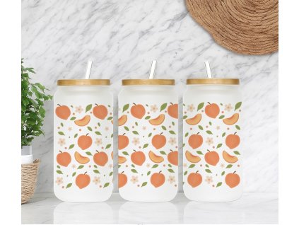 Sklenička s broskvemi, kytičkami a lístky, objem 590 ml