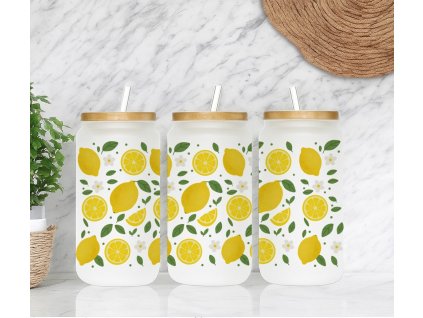 Sklenička s citrony, kytičkami a lístky, objem 590 ml