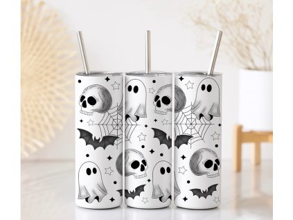 Černobílý termo kelímek Halloween s motivem lebek, netopýrů a pavučin, objem 590 ml