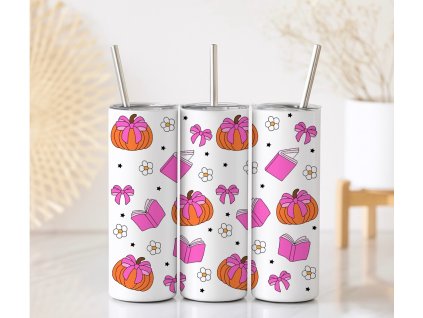 Termo kelímek Pumpkin s motivem oranžových dýní, růžových mašlí, knih a květin, objem 590 ml