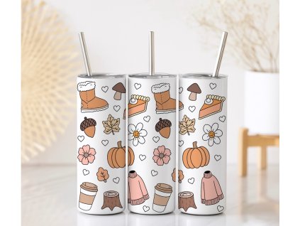 Termo kelímek Autumn Vibes s motivem válenek, dýně, svetru, kávy, koláče a dalších podzimních detailů, objem 590 ml