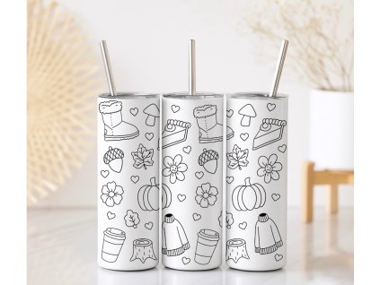 Černobílý termo kelímek Autumn Vibes Aesthetic s motivem válenek, dýně, svetru, kávy, koláče a dalších podzimních detailů, objem 590 ml