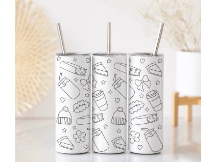 Černobílý termo kelímek Autumn Rest Aesthetic s motivem knih, kávy a podzimních dekorací, objem 590 ml