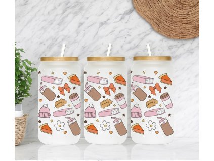 Sklenička Autumn Rest s motivem knih, kávy a podzimních dekorací