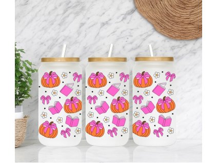 Sklenička Pumpkin s motivem oranžových dýní, růžových mašlí, knih a květin