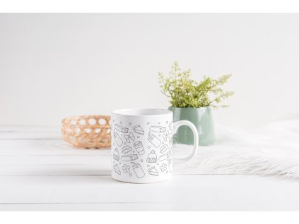 Černobílý hrnek Autumn Rest Aesthetic s motivem knih, kávy a podzimních dekorací, objem 330 ml