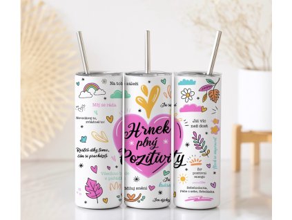 Termo kelímek s barevným designem, duhy, obláčků, květin, listů  a nápisů v pozitivním stylu, objem 590 ml