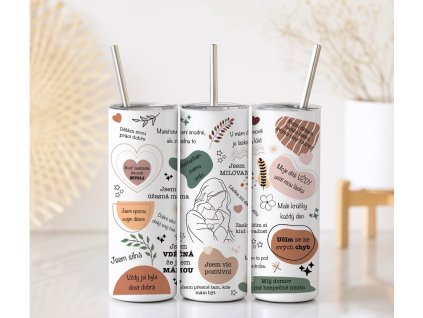 Termo kelímek Mateřství s obrysem maminky a dítěte, jemné hnědé a zelené tóny, motiv pro maminky, objem 590 ml