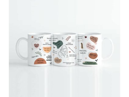 Hrnek Mateřství s obrysem maminky a dítěte, jemné hnědé a zelené tóny, motiv pro maminky, objem 330 ml