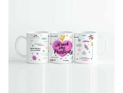 Hrnek s barevným designem, duhy, obláčků, květin, listů  a nápisů v pozitivním stylu, objem 330 ml