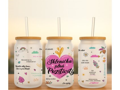 Sklenička s barevným designem, duhy, obláčků, květin, listů  a nápisů v pozitivním stylu