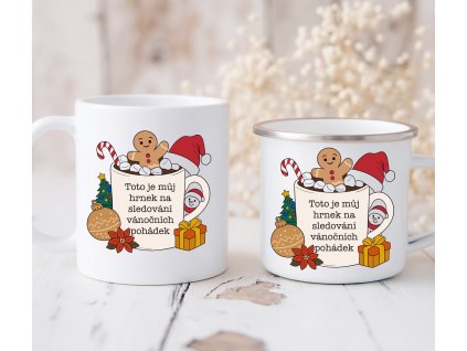 Hrnek a plecháček s vánočním motivem a textem toto je můj hrnek na sledování vánočních pohádek