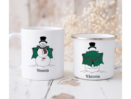 Hrnek a plecháček s vtipným sněhulákem a nápisem veselé Vánoce