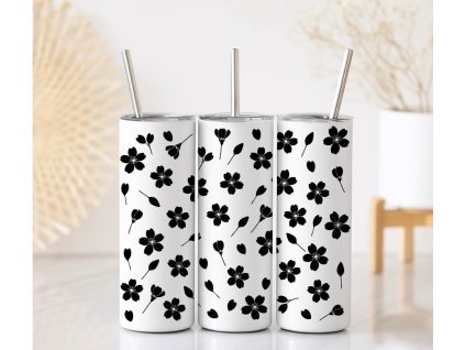 Termo kelímek s minimalistickým motivem černých květů na bílém podkladu, objem 590 ml