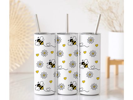 Termo kelímek s motivem včelek, kopretin a žlutých srdíček na bílém podkladu, objem 590 ml