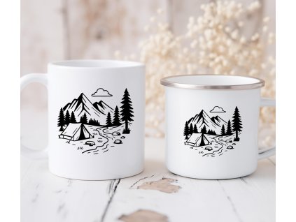 Hrnek a plecháček s černým minimalistickým motivem horského kempu, stanu a stromů