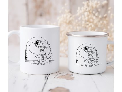 Hrnek a plecháček s černým motivem ryby skákající z vody a udice v minimalistické linii