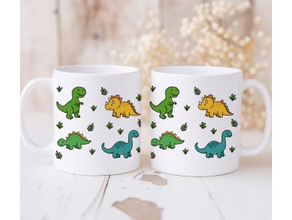 Hrnek s roztomilými donosaury a lístky - barevný dětský dinosauří motiv, objem 330 ml