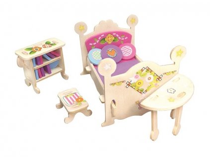 Dřevěné puzzle "nábytek pro panenky" - postel s komodou