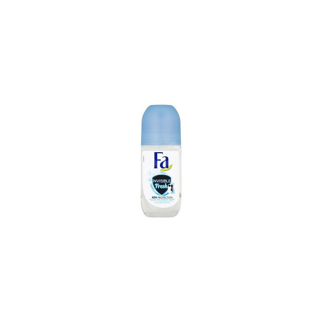 FA Invisible Fresh Lily of The Valley antiperspirant roll-on 50ml  Dámsky antiperspirant Invisible Fresh je určený pre všetky typy pokožky.  Obsahuje technológiu Invisible, ktorá nezanecháva biele stopy na farebnom tmavom oblečení, žlté stopy na bielom či farebnom oblečení mastnými škvŕn.  Poskytuje dokonalú ochranu proti poteniu a eliminuje nepríjemný zápach až na 48 hodín.  Osviežuje vaše podpazušie a nedráždi jeho pokožku.  Zanecháva príjemnú a sviežu vôňu konvalinky, ktorá vás bude sprevádzať po celý deň.  Objem balenia: 50ml