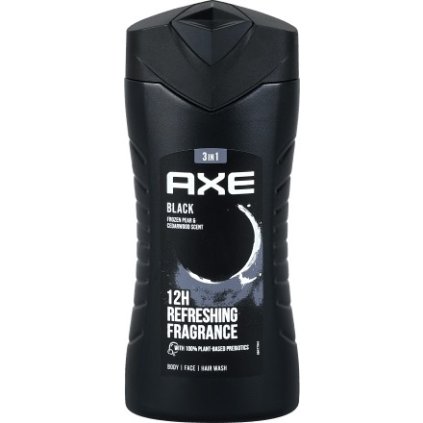 AXE Black 3v1 sprchový gél 250ml  Sprchový gél Black je určený pre všetky typy pokožku, vlasov i pleti.  Obsahuje prírodné probiotiká, vďaka ktorým revitallizuje a regeneruje vašu pokožku po každom sprchovaní.  Obsahuje tiež vegánsku receptúru, ktorá má 87% prírodných zložiek, ktoré sú šetrné ku vašej pokožke.  Dokonale čistí vašu pokožku, tvár i vlasy a odstraňuje z nich všetky nečistoty.  Eliminuje nepríjemné pachy a osviežuje pokožku až na 12 hodín.  Nevysušuje vašu pokožku.  Zanecháva vašu pokožku dokonale čistú a osvieženú s príjemnou vôňou mrazenej hrušky a cédrového dreva.  Objem balenia: 250ml