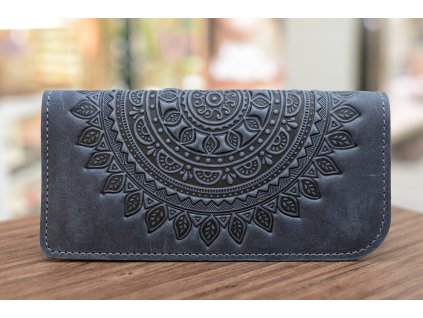 Peněženka-longer "Shpak_M3" s magnety a reliéfem "MANDALA". Kůže "Crazy Horse" tm.modrá