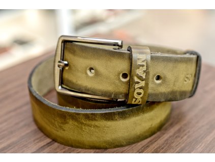 Kožený pásek Premium (36-40 mm). Spona 002. Opaskova kůže Olivová s tmavým okrajem