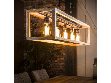 závěsná lampa obdélník 5 žárovek, dřevo mango