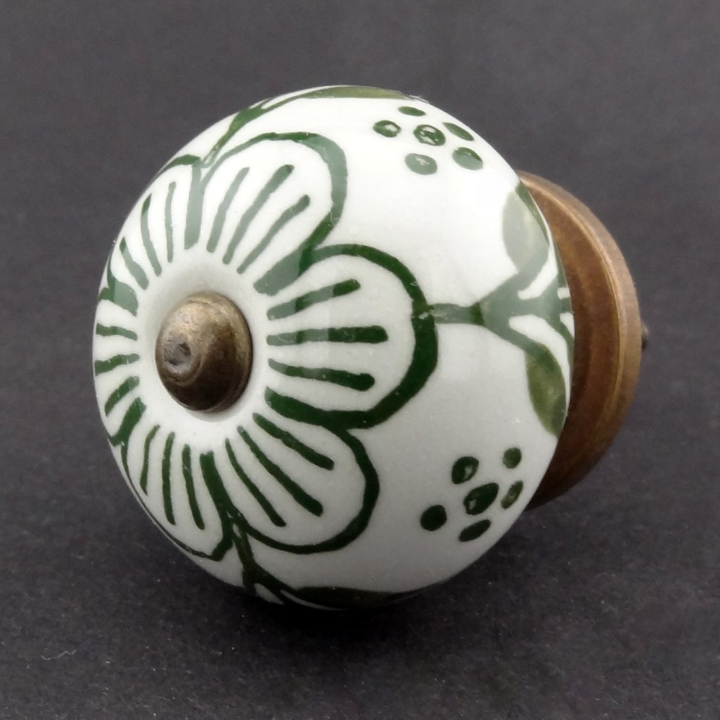 Keramická úchytka-Kakost-Vintage zelená na bílé