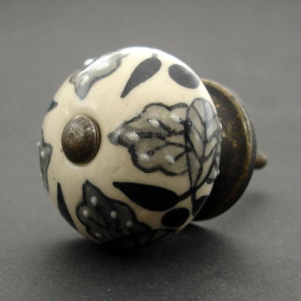 Keramická úchytka- Krémová s černošedými lístky