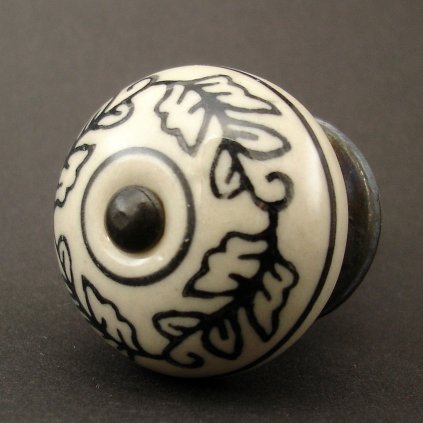 Keramická úchytka- Krémová s černými lístky