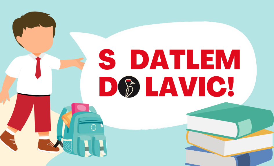 Kluk se školními potřebami vyzývá, že si školní potřeby mají školáci nakoupit U Datla