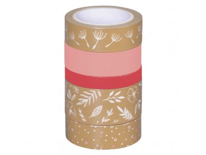 Samolepicí papírová washi páska sada - lístečky, růžový odstín (5ks)