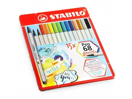 STABILO Pen 68 brush 15ks v kovovém pouzdře
